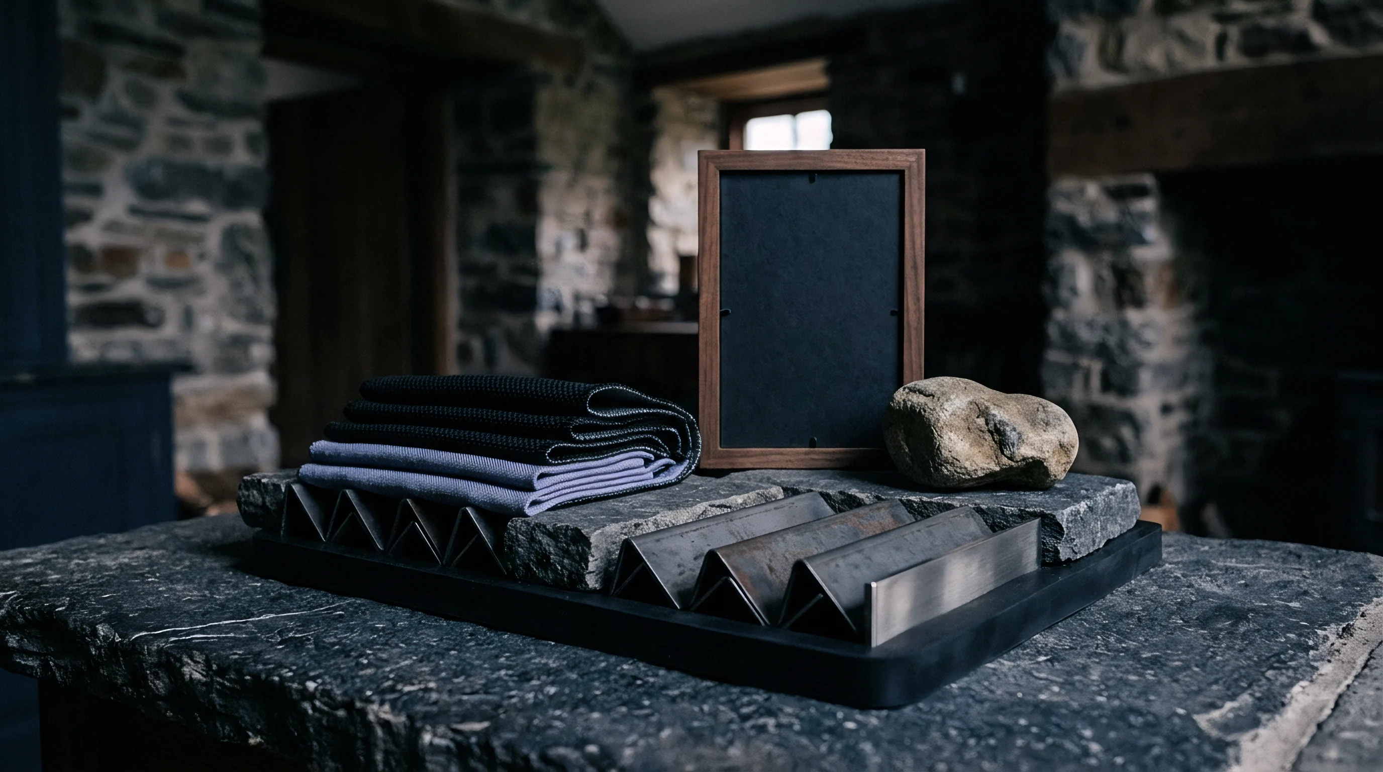 Folded woven linen textiles rest beside a wooden frame and natural stone on a slate slab featuring angular steel structural brackets.