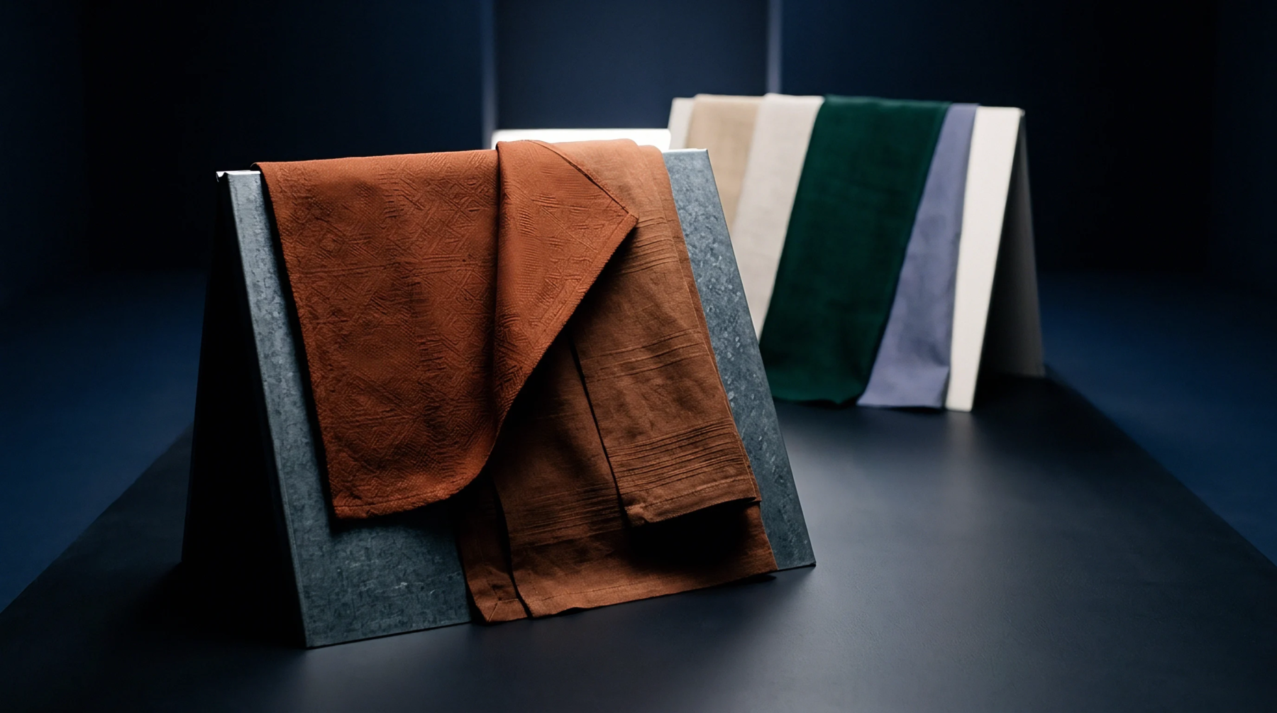 Folded woven textiles in shades of rust, brown, and earth tones are displayed on metal stands, alongside further fabric samples in neutral and deep colours.