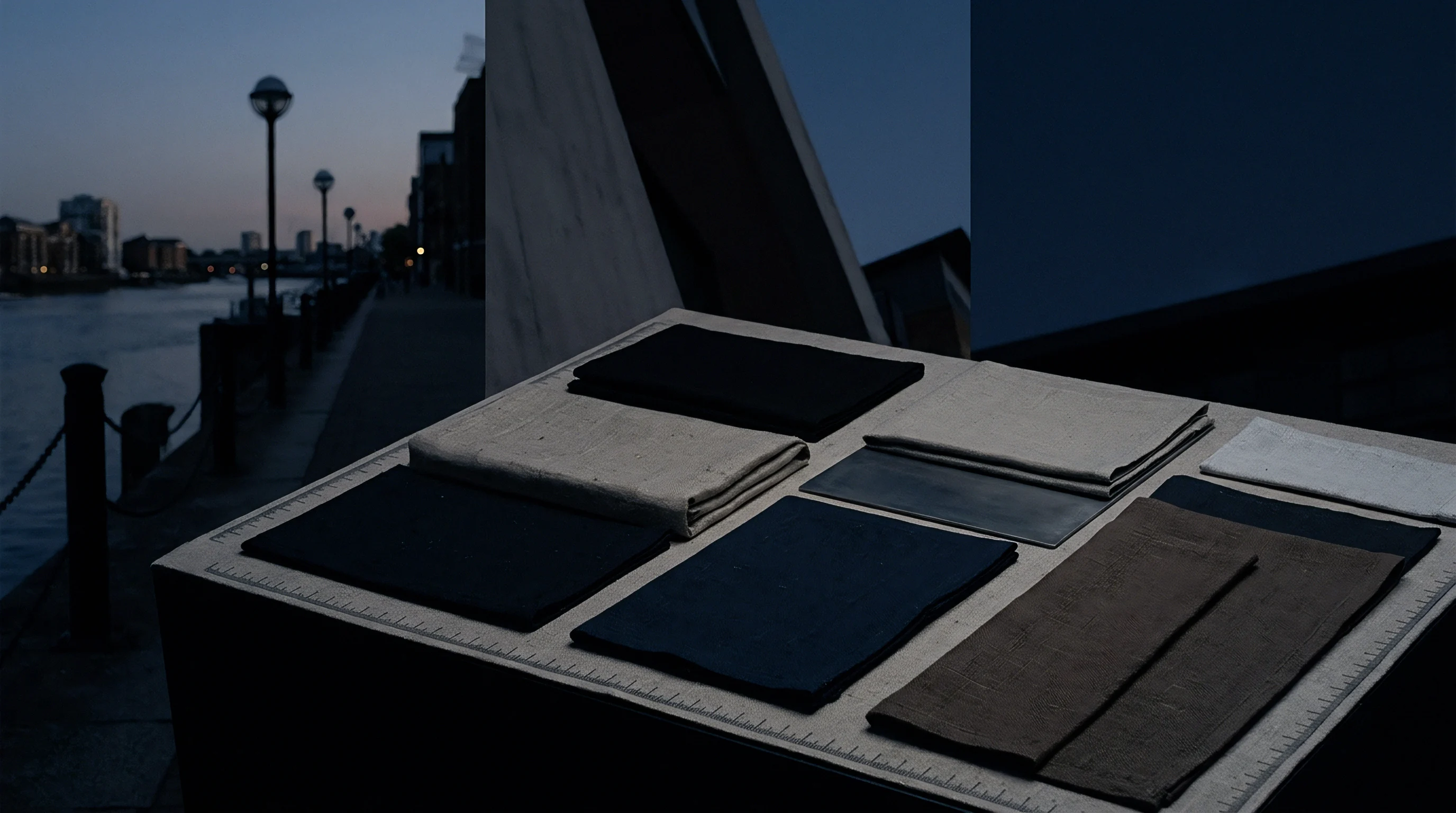 Folded woven linen cloth swatches in natural and dark shades rest on a gridded inspection table beside a riverside walkway.