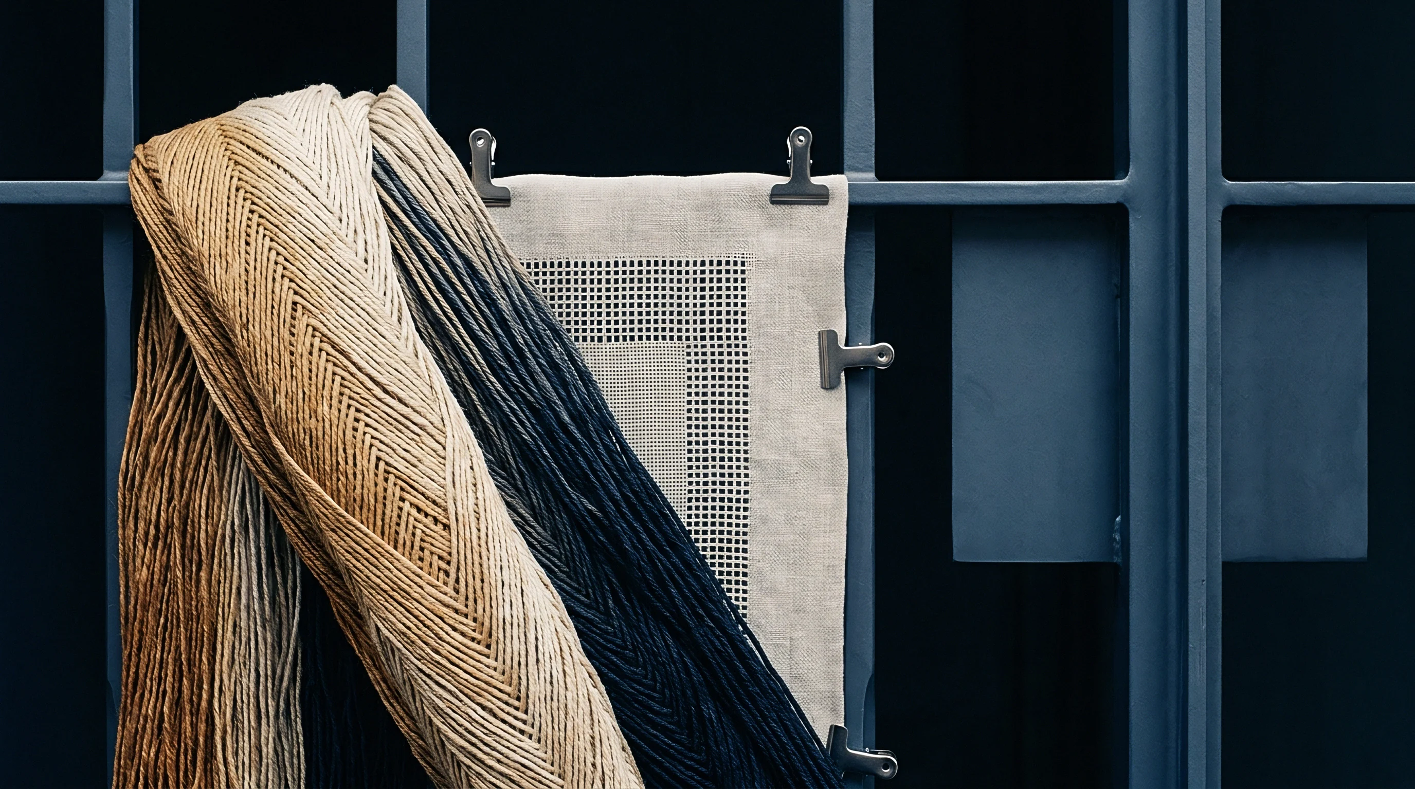 Dyed yarn hanks and a woven linen swatch hang clipped to a dark industrial metal frame within a production facility.